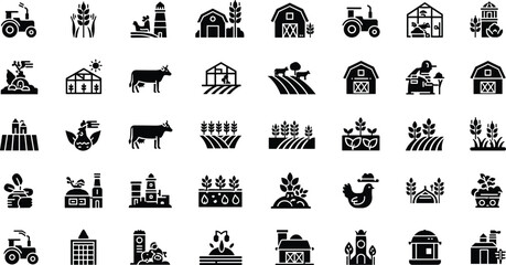 Farming, agriculture icon set. Vector glyph pictograms of tractor, barn, greenhouse, livestock, wheat, crop cultivation, livestock, and sustainable farm black