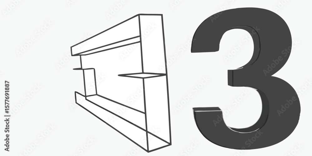 Poster outline structure with shelf supports adjacent to a large three dimensional number three figure
