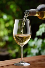 Fototapeta premium Pouring white wine into glass on wooden table with greenery in background