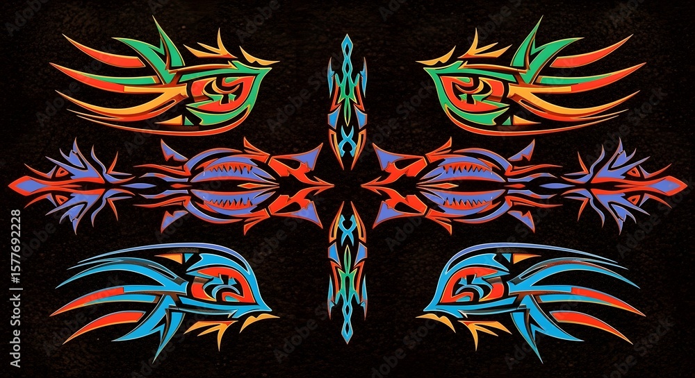 Poster colorful symmetrical tribal designs arranged on a dark background creating a pattern effect art