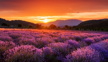 Naklejka premium lavender field under a fiery orange sunset with the glow reflecting on the flowers and adding warmth to the scene