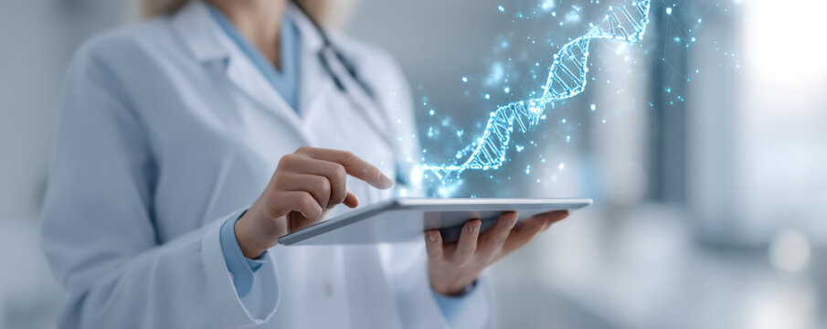Medical doctor using digital tablet with glowing DNA strand hologram, futuristic healthcare