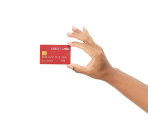 Hand holding credit card on isolated white background.