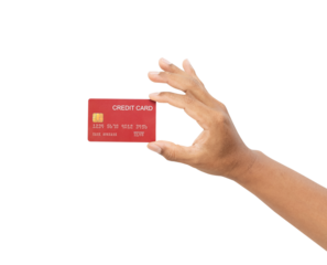 Hand holding credit card on isolated white background.