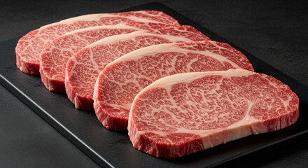 Fototapeta premium Fresh, high-quality Wagyu beef steaks arranged on a dark board