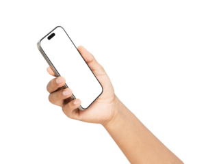 Hand holding the black smartphone with mockup of blank screen on isolated white background