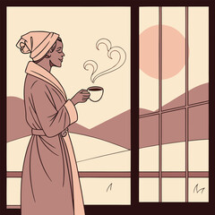 Morning Coffee Woman Line Art Routine