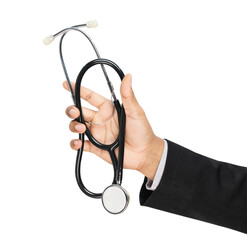 Man doctor hand holding medical stethoscope on isolated background