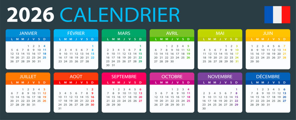 Naklejka na ściany i meble 2026 Calendar - vector illustration, French version