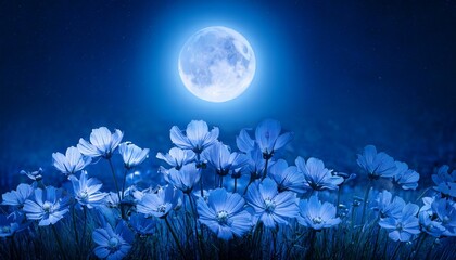 blue light illuminating flowers under the moonlit night sky