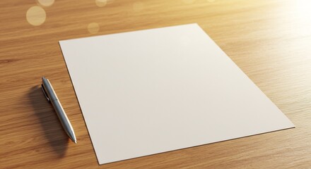 Blank Paper and Pen on Wooden Desk: Office Workspace Ready for Writing
