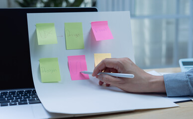 Creative designer sketching and coding website wireframes for smartphone application. UX/UI...