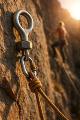 Rock climbing anchor bolt with rope and climber ascending in the background during sunset