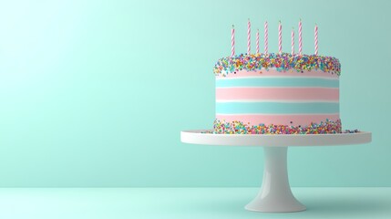 Pastel pink and blue striped birthday cake with colorful rainbow sprinkles on white cake stand against light mint turquoise background, festive party dessert decoration concept
