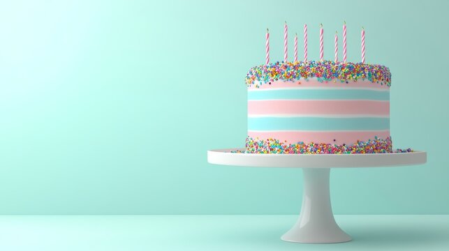 Pastel pink and blue striped birthday cake with colorful rainbow sprinkles on white cake stand against light mint turquoise background, festive party dessert decoration concept