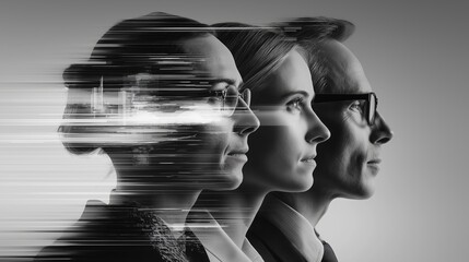 Monochrome Portrait of Business Professionals with Digital Data Overlay.
