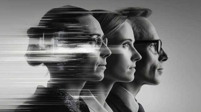 Monochrome Portrait of Business Professionals with Digital Data Overlay.