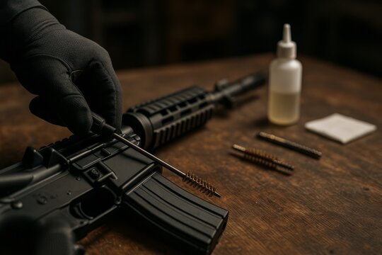 Hand in black glove cleaning rifle with brush and oil on wooden surface