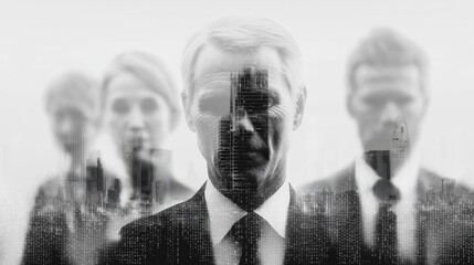 Monochrome Portrait of Business Professionals with Digital Data Overlay.