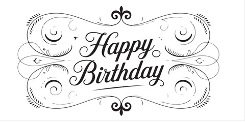 Happy birthday text in decorative frame with swirls and flourishes on a white background design