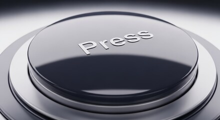 Close up of a glossy dark gray button with the word press in silver letters