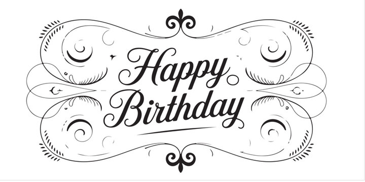 Happy birthday text in decorative frame with swirls and flourishes on a white background design - Powered by Adobe