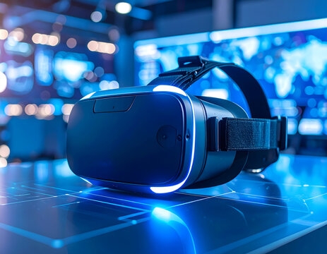 Modern virtual reality headset placed on a futuristic tech table with soft lighting, symbolizing AI in immersive digital experiences.