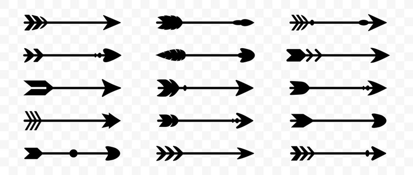 Set of black arrow icons with tribal and vintage styles. Collection includes different arrowheads and tails for decoration, direction, or design