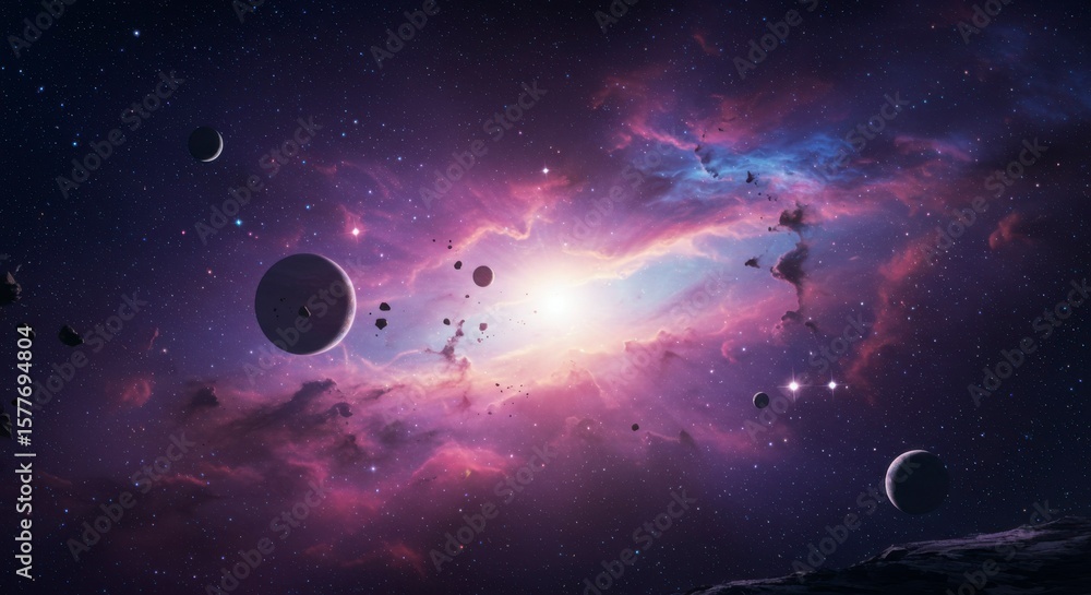 Poster cosmic nebula with scattered planets and asteroids