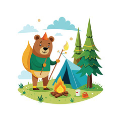 Funny Bear Camping Tent Fail. Cute Wilderness Animal Struggling to Set Up Tent. Humorous Outdoor Adventure Vector Illustration on White Background.