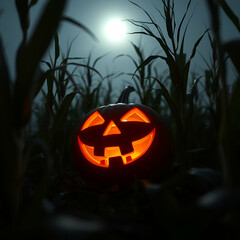 Jack-O-Lantern Glowing Laughing In Cornfield #2