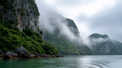 Fototapeta premium Dawn mist swirling around towering limestone karsts rising from emerald-green waters in Ha Long Bay