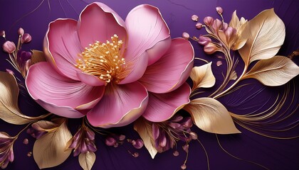 bright pink and gold flowers on deep purple background a masterpiece of modern art