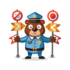 Funny Bear Traffic Cop Vector. Bear Holding Traffic Signs with Wrong Directions. Humorous Animal Illustration for Road Safety Concepts and Editorial Design.