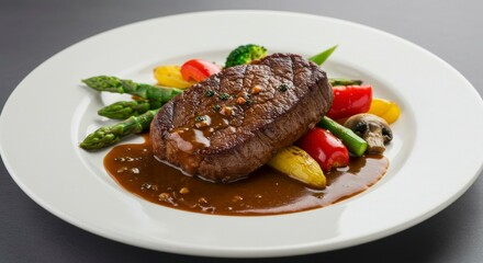 Pan-seared steak, roasted vegetables, and rich brown sauce on a white plate
