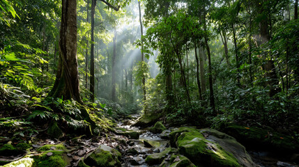 Fototapeta premium Dense Borneo rainforest canopy stretches overhead.