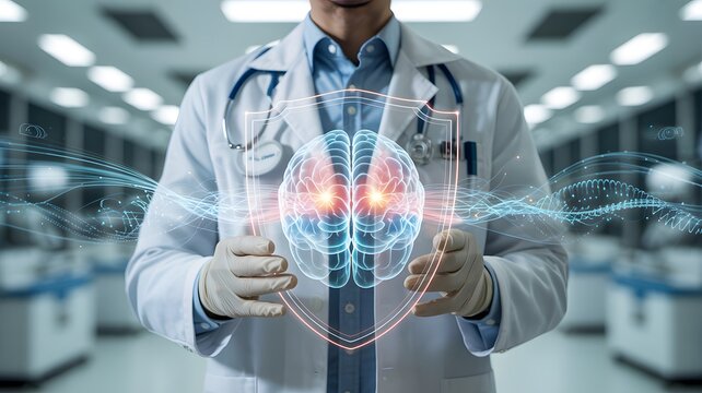 Medical professional presents a futuristic brain illustration with a digital shield, representing cognitive protection