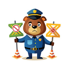 Funny Bear Traffic Cop Vector. Bear Holding Traffic Signs with Wrong Directions. Humorous Animal Illustration for Road Safety Concepts and Editorial Design.