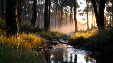 Obraz premium enchanted forest at dawn, thick morning mist.