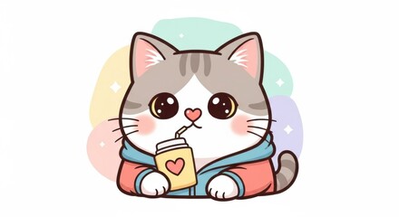 Adorable Kawaii Cat Enjoying a Refreshing Drink with Cute Pastel Background