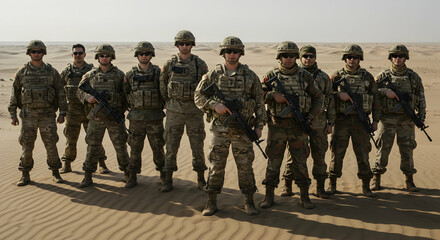 A group of soldiers stand proudly in the desert, ready for action, demonstrating teamwork and military strength in a challenging environment.