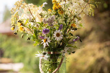 summer bouquet of wild flowers, daisies, romance