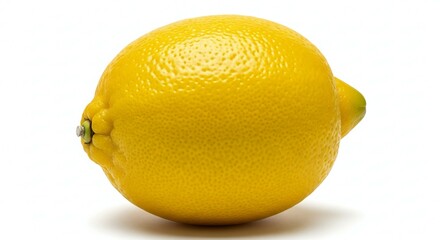 Bright yellow lemon, showcasing its textured skin, stands isolated on a crisp white background