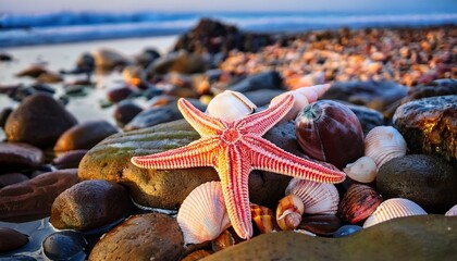 colorful starfish and seashells scattered on rocky shore reveal ocean s vibrant life at low tide