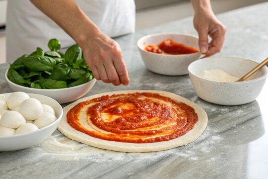 Hands spreading tomato sauce on pizza base in a cozy kitchen setting capturing the art of pizza making with mozzarella and fresh basil - Powered by Adobe