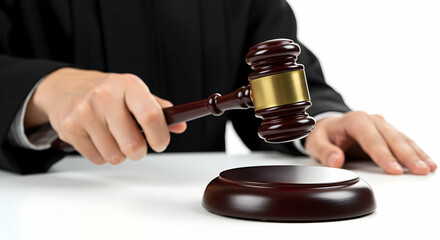 A judge's gavel bangs down on the sounding block, signifying the end of a court session, justice served.