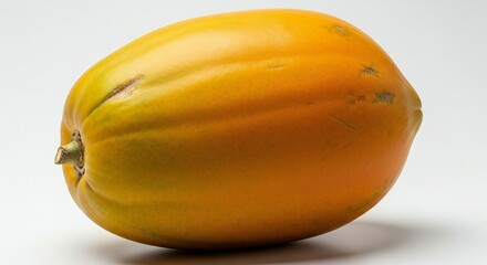 A ripe papaya rests on a white surface, its smooth skin displaying hues of golden yellow and orange