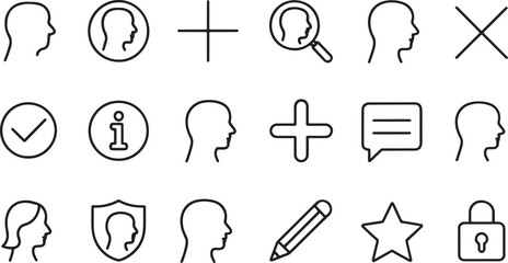 Outline Icon Set Representing User Accounts and Security Features Sleek Minimalist Design Suitable for Interface Applications and Website Elements Promoting User Experience and Functionality