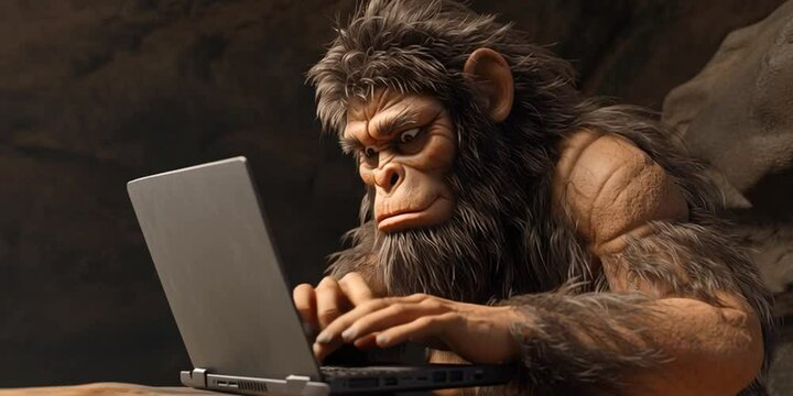 Neanderthal is typing on a laptop computer