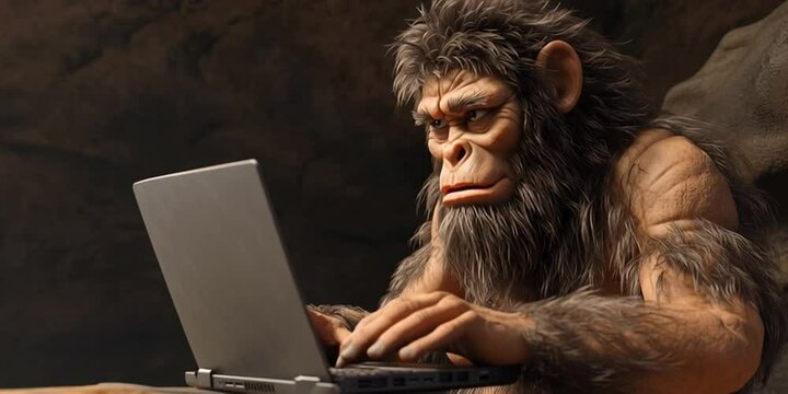 Neanderthal is typing on a laptop computer